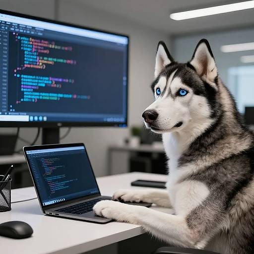 Digital artwork of a realistic Siberian Husky with blue eyes, sitting at a desk with two laptops, one displaying code on a bright screen, in