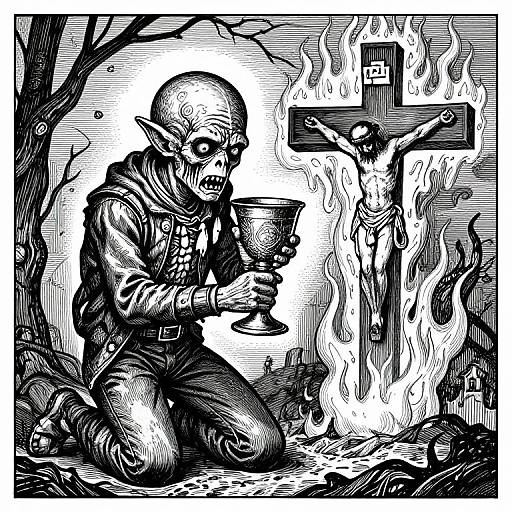 Denim Gollum with Burning Crucifix