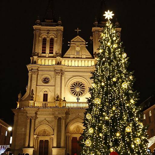 Festive Church Facade with Christmas Tree