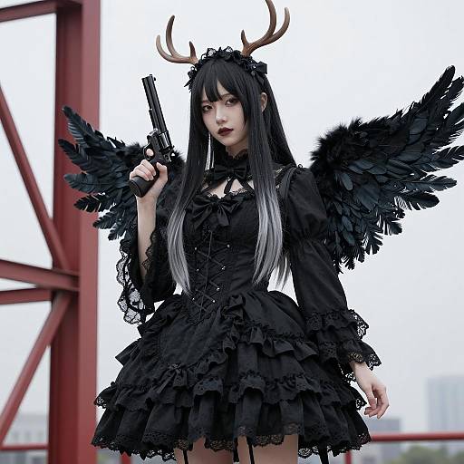 Gothic Lolita Woman with Antlers and Revolver