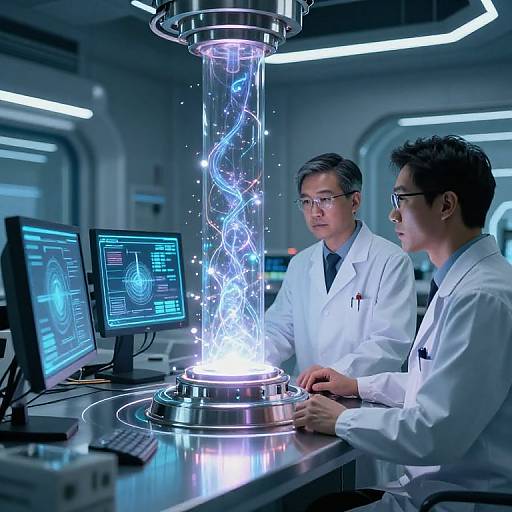 Photograph of two Asian male scientists in white lab coats observing a glowing, blue, spiral light experiment on a futuristic control desk.