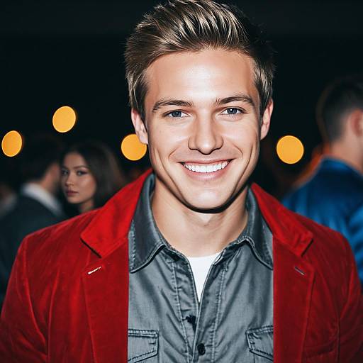 Smiling Young Man in Red Jacket at Party