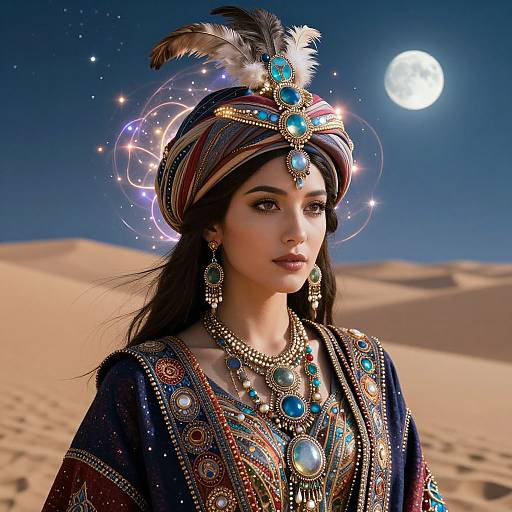 Mystical Turbaned Figure in Moonlit Desert