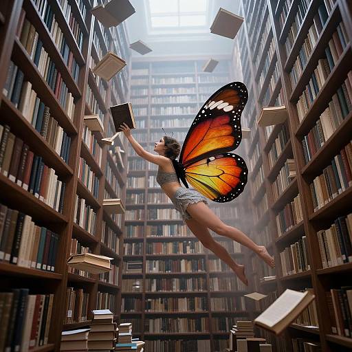 Digital artwork of a fairy with orange and black butterfly wings, flying between towering bookshelves, surrounded by floating books.