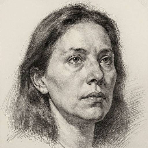 Black and white pencil drawing of a middle-aged woman with long hair, soft features, and a contemplative expression, detailed textures, realistic style.