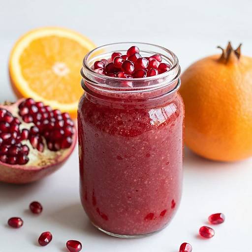 Photograph of a red pomegranate smoothie in a glass jar, topped with pomegranate seeds, surrounded by halved pome