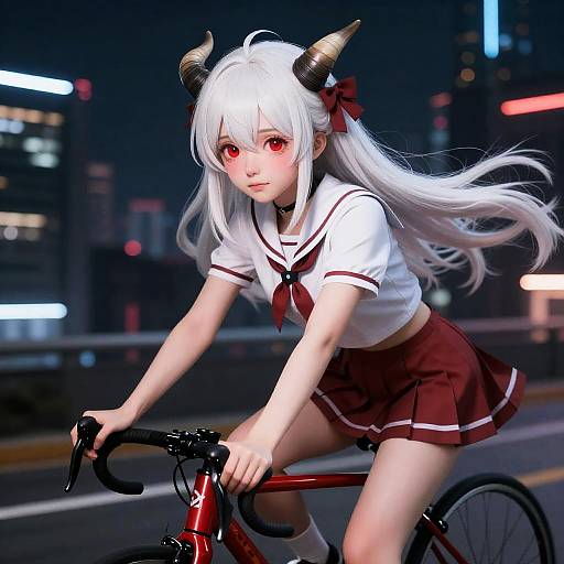 Anime Girl with Horns Riding Bike at Night