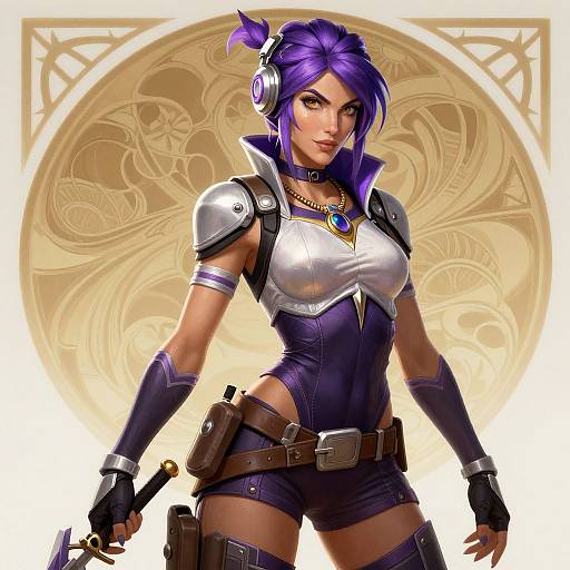 Digital art of a fierce, purple-haired woman with silver armor, headphones, and a gun holster, standing confidently against a golden, ornate background.