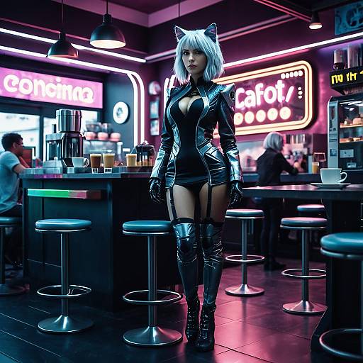Futuristic Cat Girl in Cyber Cafe