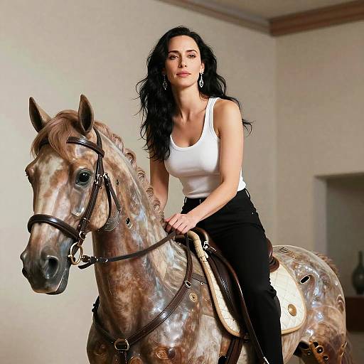 Woman Sitting on Mechanical Horse Indoors