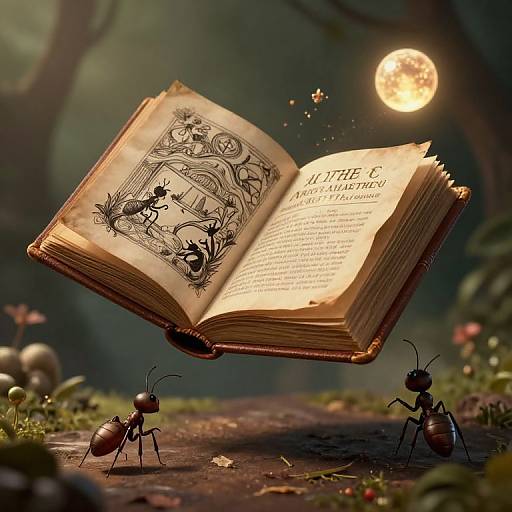Photograph of an open, magical book with intricate illustrations, floating in a forest at night, surrounded by two ants and a glowing full moon.
