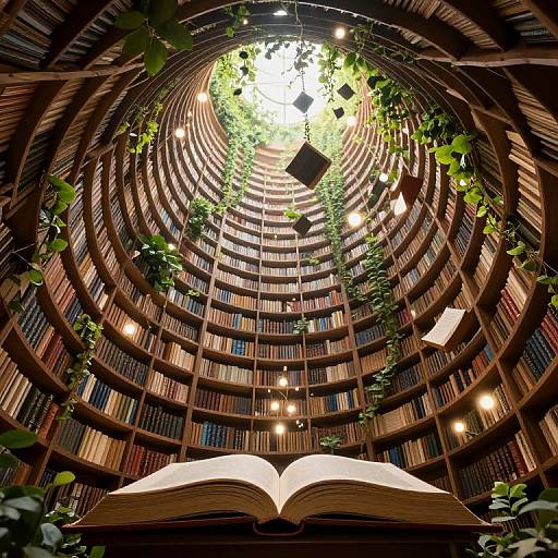 Photograph of a grand, circular library with wooden bookshelves, lush green plants, and a large open book at the bottom, illuminated by soft