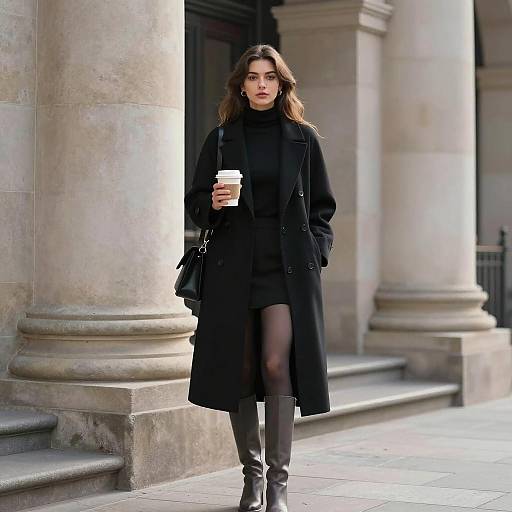 Woman in Black Coat Holding Coffee Outside Building