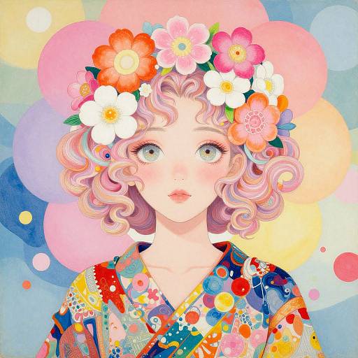 Digital illustration of a wide-eyed, pink-haired girl with curly hair, wearing a colorful floral headband and kimono, set against a pastel,