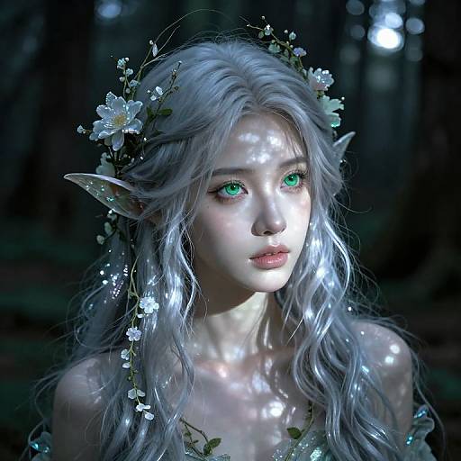 Digital fantasy portrait of an ethereal elf woman with silver hair, green eyes, pointed ears, adorned with white flowers, in a moonlit forest.