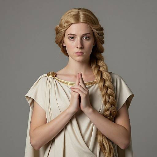 Photograph of a young, fair-skinned woman with long, braided blonde hair, wearing an ancient Greek-style, cream-colored toga, hands