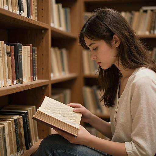 Photograph of a young woman with long brown hair, wearing a white blouse and blue jeans, reading a book in a wooden library.