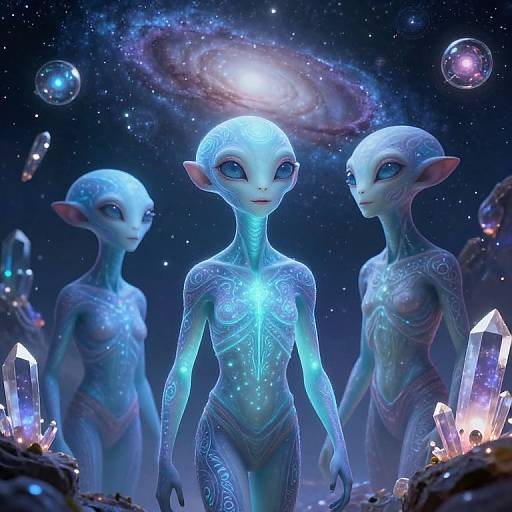 Digital CGI image of three glowing blue alien women with intricate patterns, standing in a starry galaxy with floating bubbles and crystals.