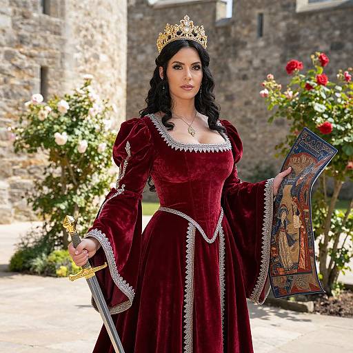 Photograph of a dark-haired woman in a medieval red velvet gown, gold crown, holding a sword and book, standing in a sunlit stone courtyard