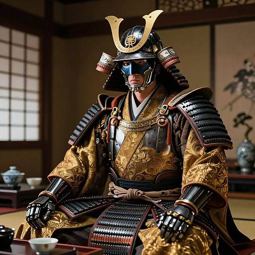 Photograph of a Japanese samurai in ornate golden armor with black samurai helmet, sitting in a traditional room. Background includes shoji screens and