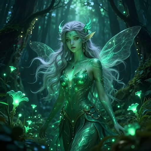 Digital fantasy art of a green-skinned, elven fairy with glowing wings, white hair, and intricate green armor, surrounded by luminescent forest