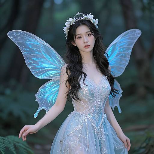 Photograph of an ethereal Asian woman with long black hair, wearing a white lace dress, glowing blue fairy wings, and a floral crown, standing