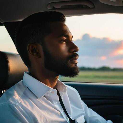 Man sitting inside car at sunset