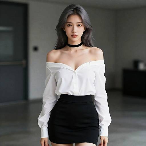 Woman in Off-Shoulder White Shirt and Black Skirt