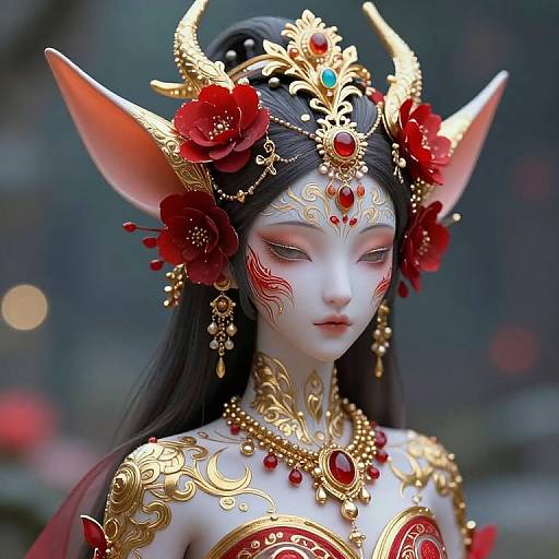 Digital fantasy artwork of a white-skinned elf woman with black hair, red flower-adorned gold horns, intricate gold jewelry, red markings, and