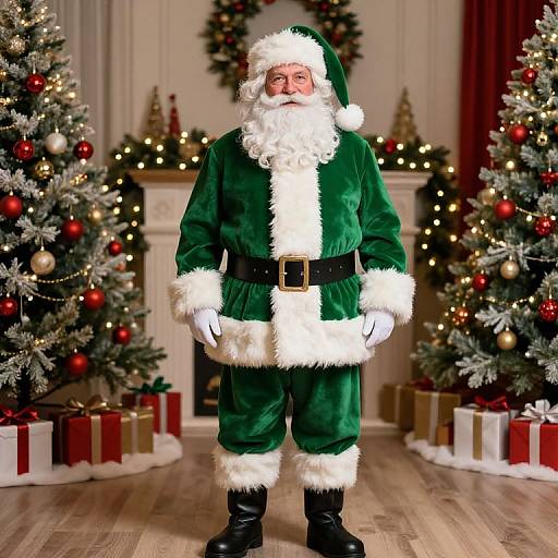 Green Santa in Festive Christmas Room