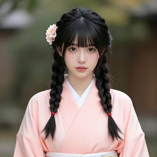 Girl with Braids in Peach Kimono