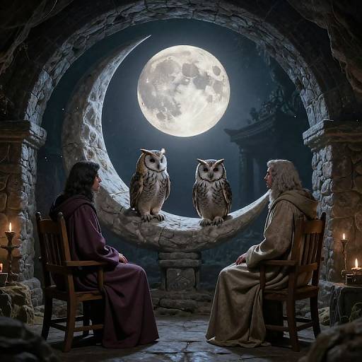 Photograph-like digital art of two robed figures facing each other, flanked by two owls, under a glowing full moon in a stone ar