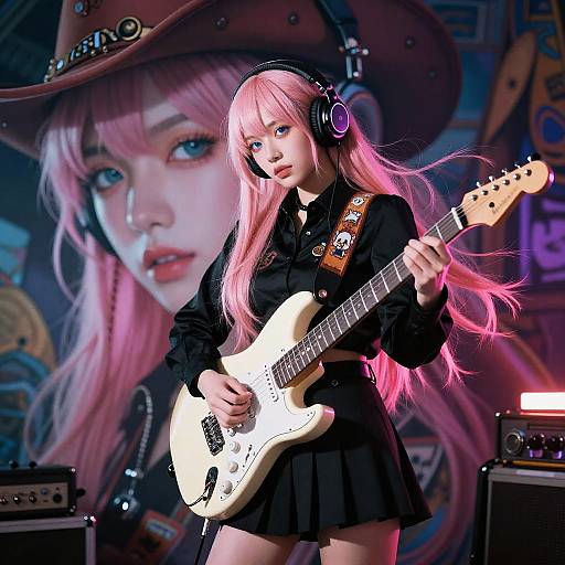Photograph of a pink-haired anime girl with long hair, wearing headphones, black shirt, and skirt, playing a white electric guitar on stage. Large