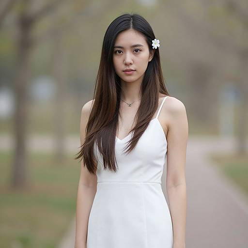 Young Asian woman with long black hair, white dress, white flower in hair, standing on blurred park path, neutral expression. Photographic image.