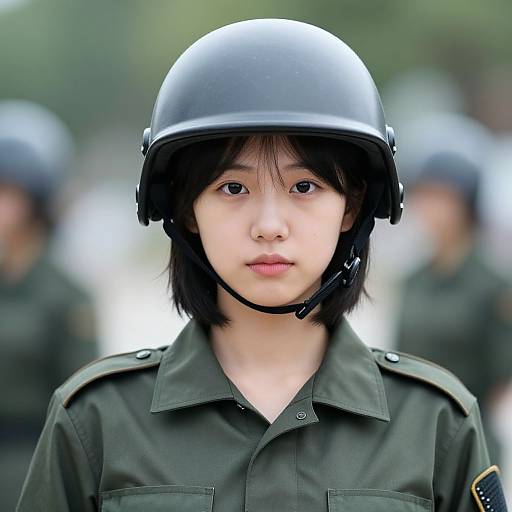 Photograph of a young Asian woman with short black hair, wearing a black helmet and green military uniform, standing in front of blurred soldiers, outdoors.