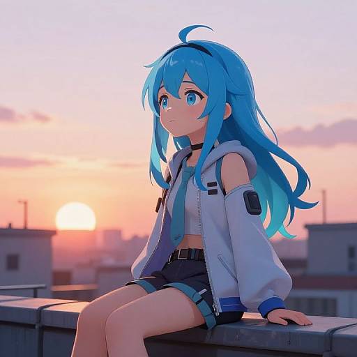 Anime-style digital drawing of a blue-haired girl with large eyes, sitting on a rooftop at sunset, wearing a white hoodie and black shorts.