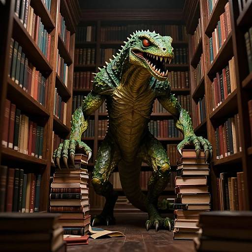 CGI image of a large, green, scaly, dinosaur-like creature with sharp teeth standing in a dimly lit library, surrounded by towering book