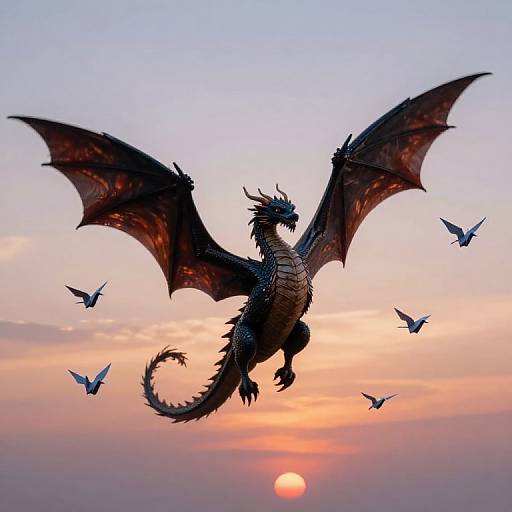 Photograph of a majestic, black dragon with outstretched wings soaring against a vibrant sunset sky, surrounded by flying silhouetted birds.