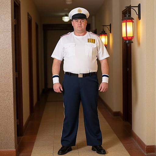 Photograph of a heavyset male naval officer standing in a dimly lit hallway, wearing a white shirt, navy pants, and peaked cap. Warm