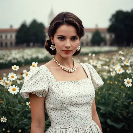 Woman in Vintage Dress in Flower Field