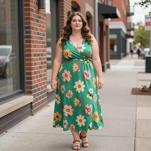 Plus-Size Woman in Green Floral Dress on Urban Sidewalk