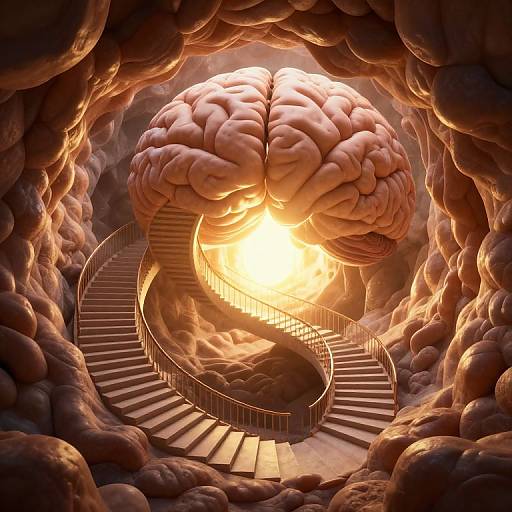 Digital art of a giant, glowing brain with a spiral staircase ascending through a cavern of textured, cloud-like flesh. Bright light emanates from the brain