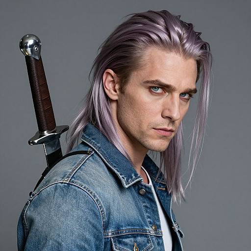 Photograph of a pale-skinned man with long, silver-gray hair, wearing a denim jacket, and a sword sheathed on his back, with