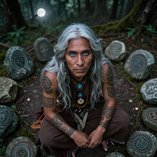 Photograph of a silver-haired, tattooed woman with blue eyes, wearing tribal jewelry, crouching in a forest surrounded by ancient stone symbols and