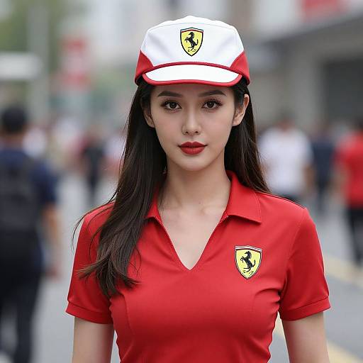 Photograph of an Asian woman with long black hair, wearing a red Ferrari cap and matching red polo shirt with yellow Ferrari logo, standing on a busy