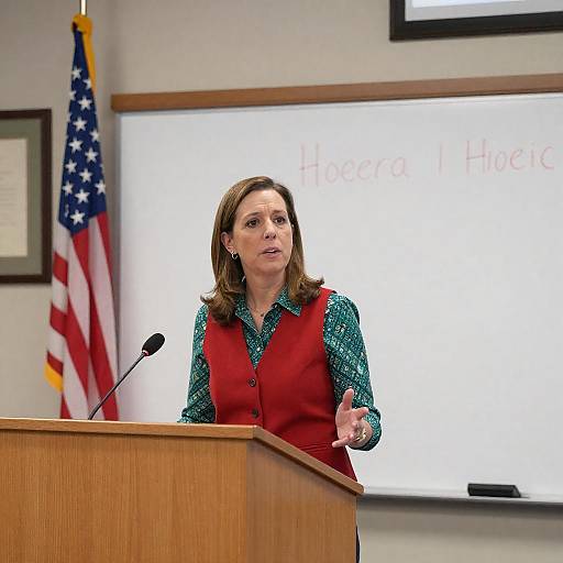 Woman Speaking at Podium with Flag