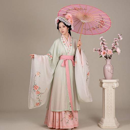 Photorealistic doll in traditional Japanese kimono, holding pink floral parasol, standing beside white pedestal with pink cherry blossoms.