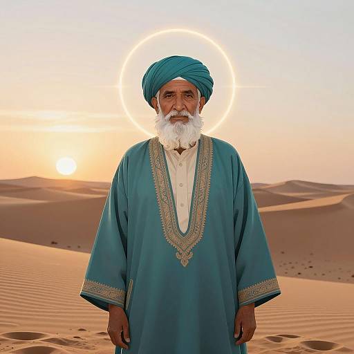 Elderly Man in Teal Turban and Robe in Desert