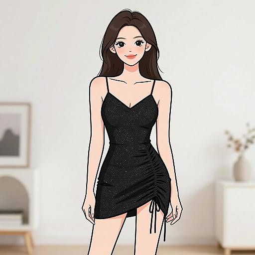 Digital anime-style drawing of a smiling woman with long black hair, wearing a sparkling black spaghetti-strap dress, standing in a bright, blurred living room