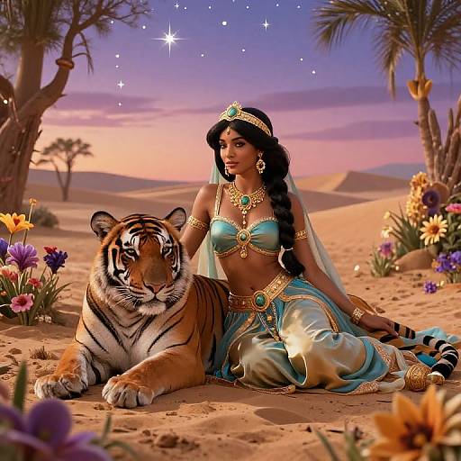 Digital artwork of a dark-skinned woman in turquoise harem attire with gold jewelry, sitting in a desert beside a tiger, surrounded by flowers under a